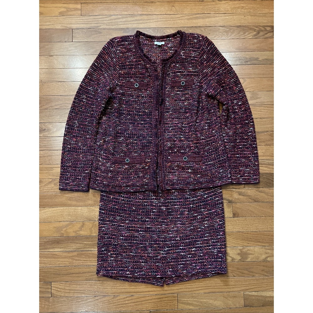 J.Jill 2 Piece Knit Skirt Suit Set Burgundy Multicolor Jacket Skirt M Petite